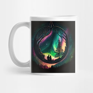 Couple in Heart shaped tree watching the northern lights. Mug